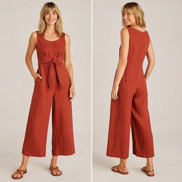 MagicLinen 100% Linen Sleeveless Wide Leg Jumpsuit Terracotta Size L Minimalist - Picture 2 of 15